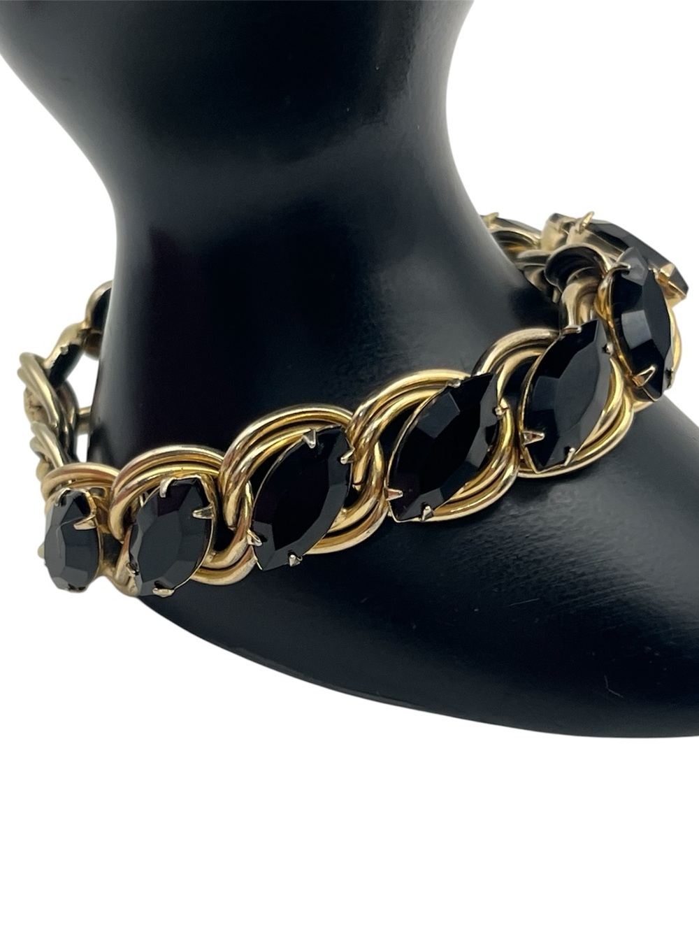 Dark navette rhinestone gold tone chunky link vintage bracelet
